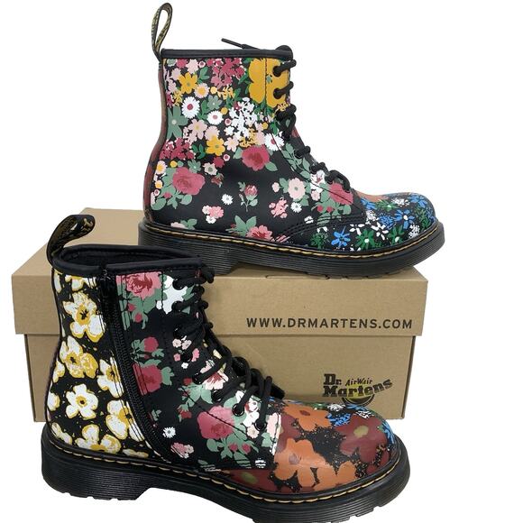 DR. MARTENS 1460J Floral Mash Up Leather Lace Up Boot Kids L5 M4 Black Punk EUC - Picture 2 of 10
